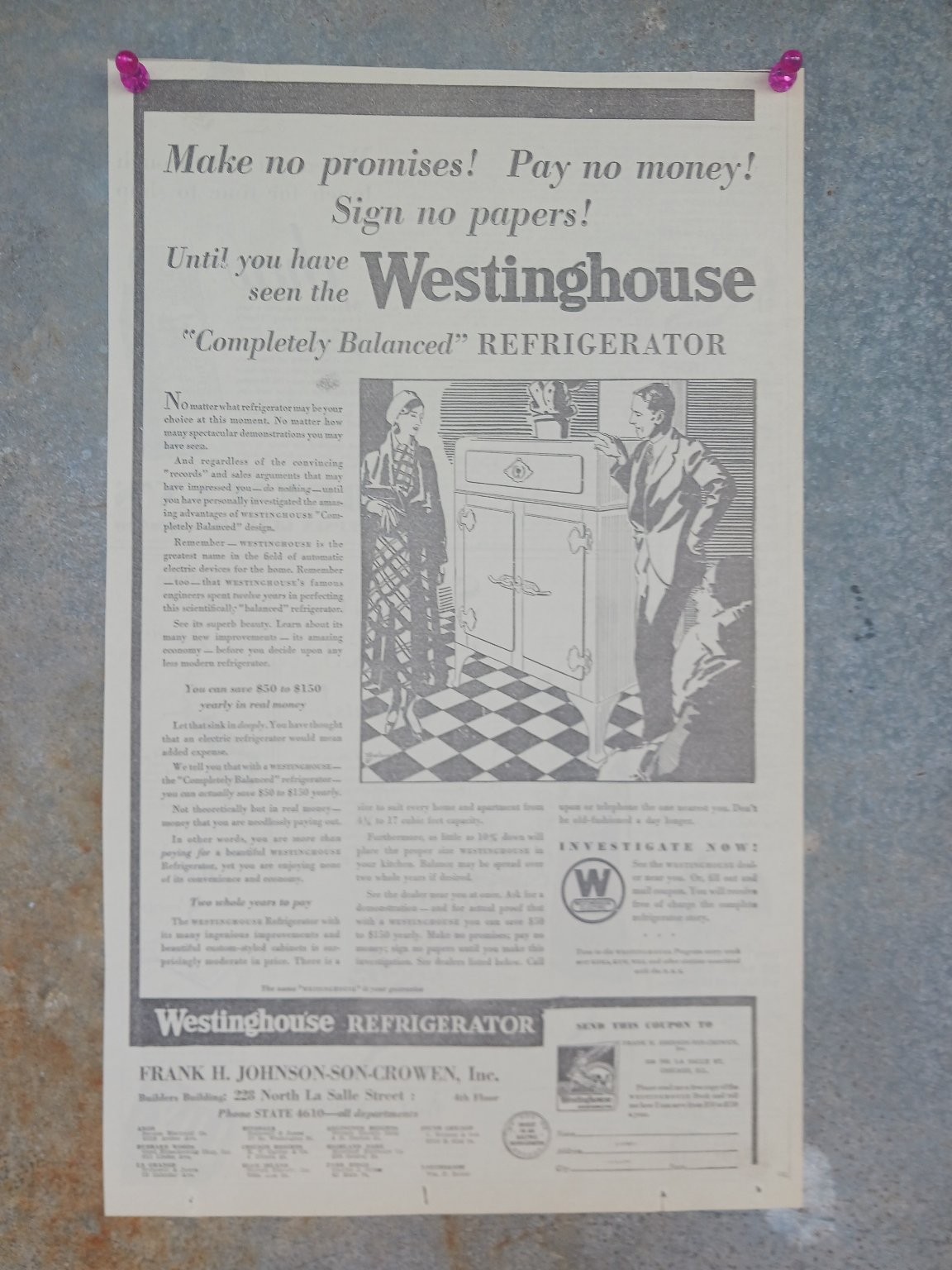 1930s Westinghouse Refrigerator Ad Chicago Appliance Man Woman Checkered Floor 1930s Westinghouse Refrigerator Ad Chicago Appliance Man Woman Checkered Floor