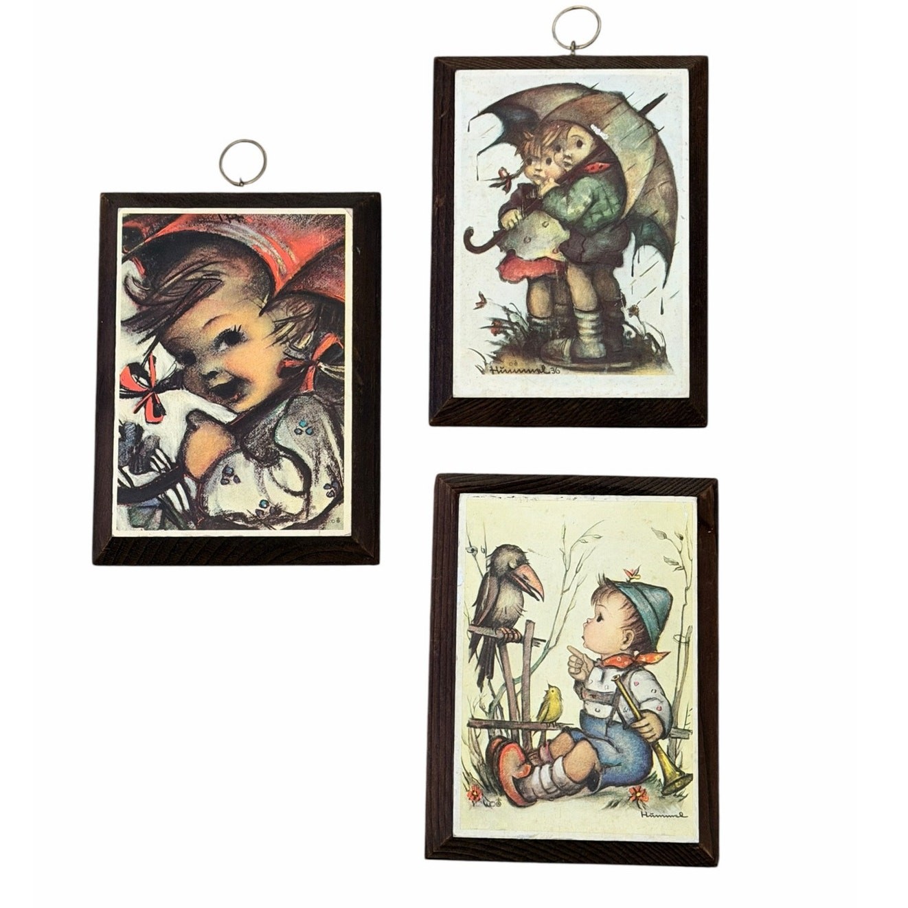 VINTAGE Set of Three Hummel Prints on Wood Plaque Art Wall Decor 6.5\