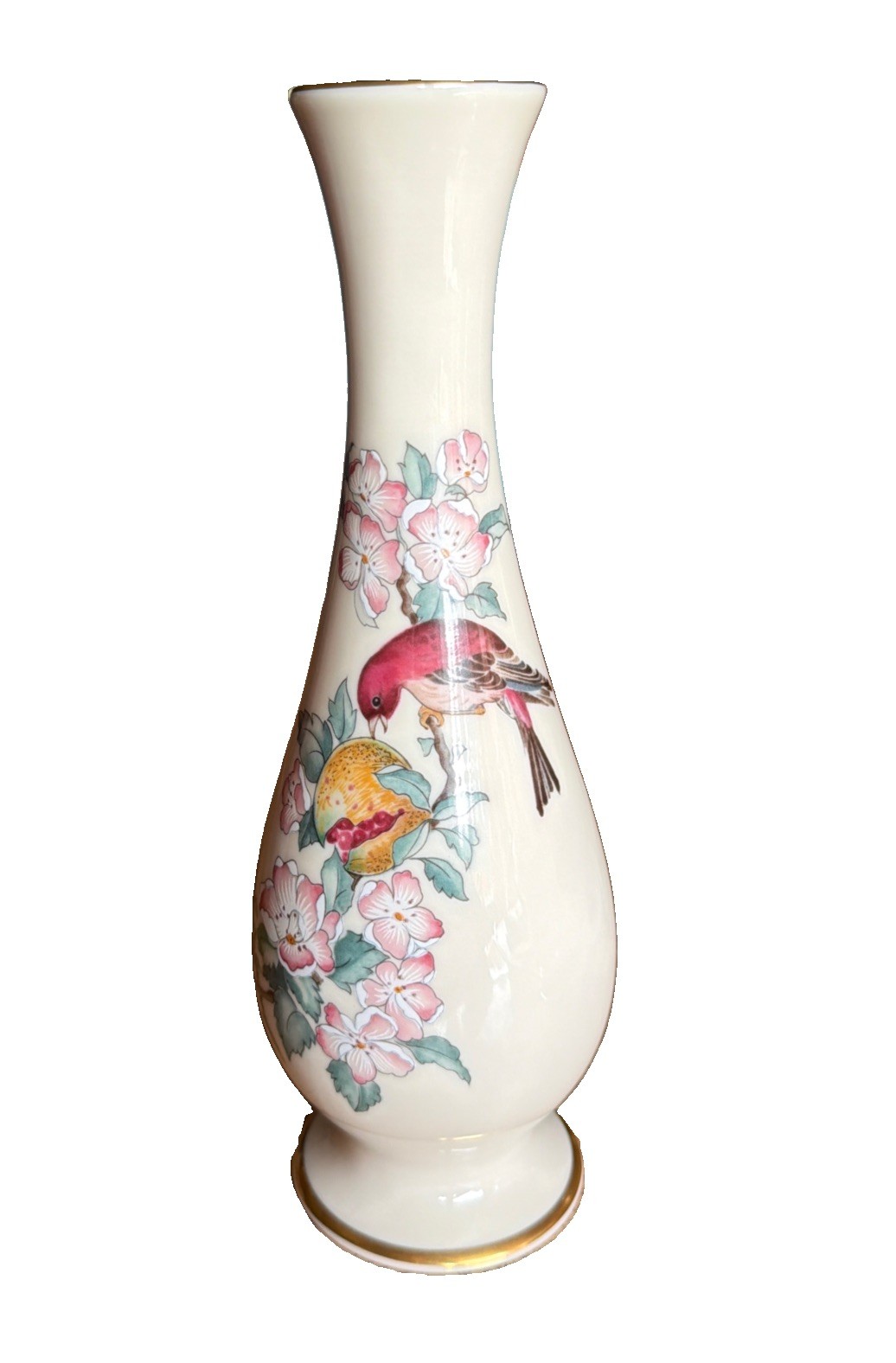 Vtg LENOX Porcelain Bud Vase “Serenade” Floral Bird Hand Paint 24Karat Gold USA