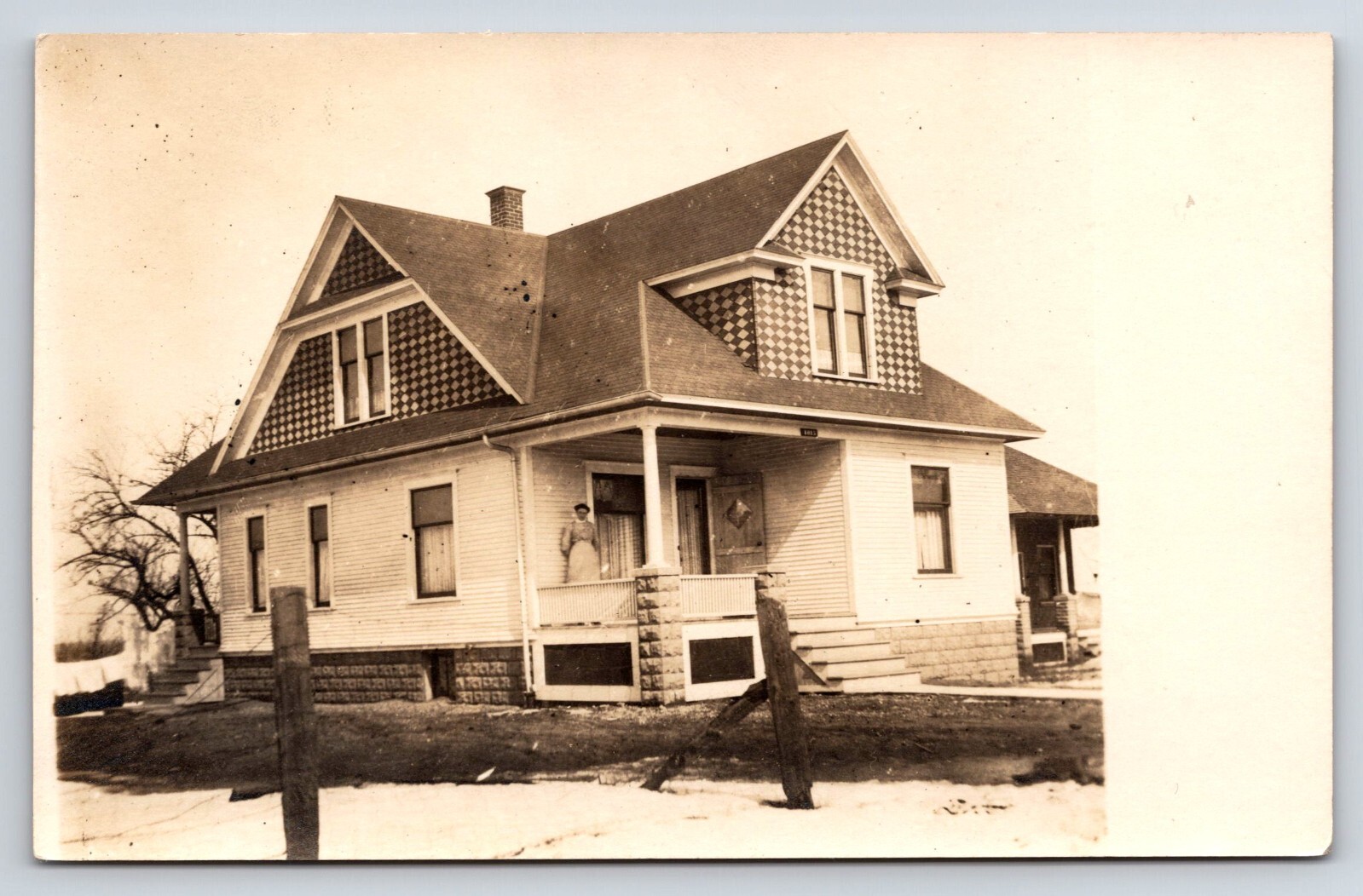 Postcard Unidentified RPPC, House, Women, Porch, Shingle Diamond Pattern Gables