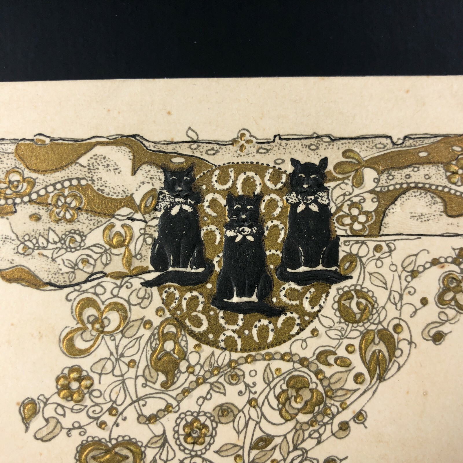 Unusual Vintage Antique 3 Black Cat Christmas Card Original Twine Gold Embossed 