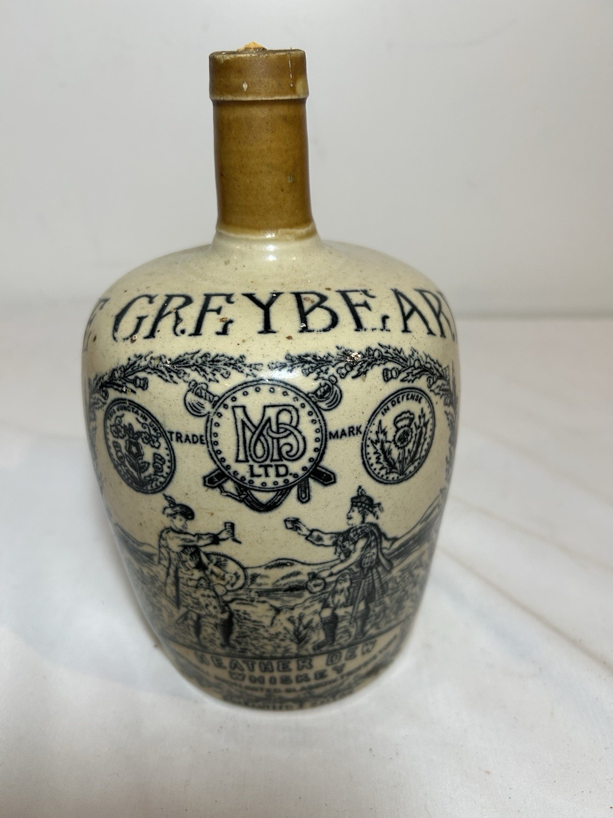 The Greybeard Heather Dew Whiskey Stoneware Jug Mitchell Bros Glasgow 1/4 Gal