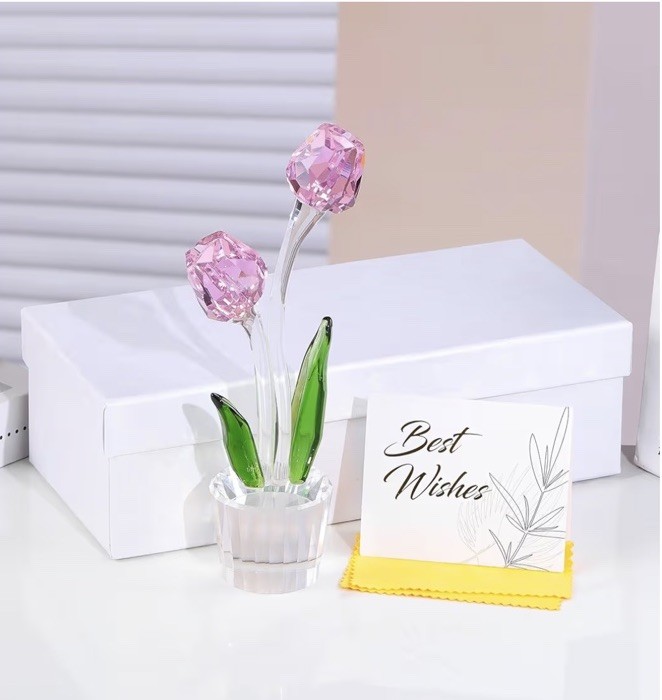 Crystal Pink Tulips Flower Figurines, Glass Bouquet Collectible Gifts for Her...