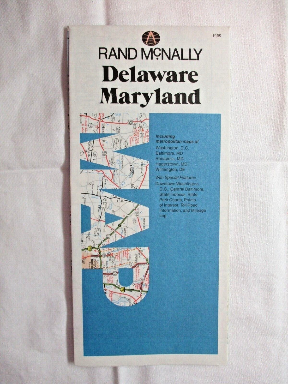 Rand McNally Delaware Maryland 1980s Folding Road Map w/ Cities Vintage