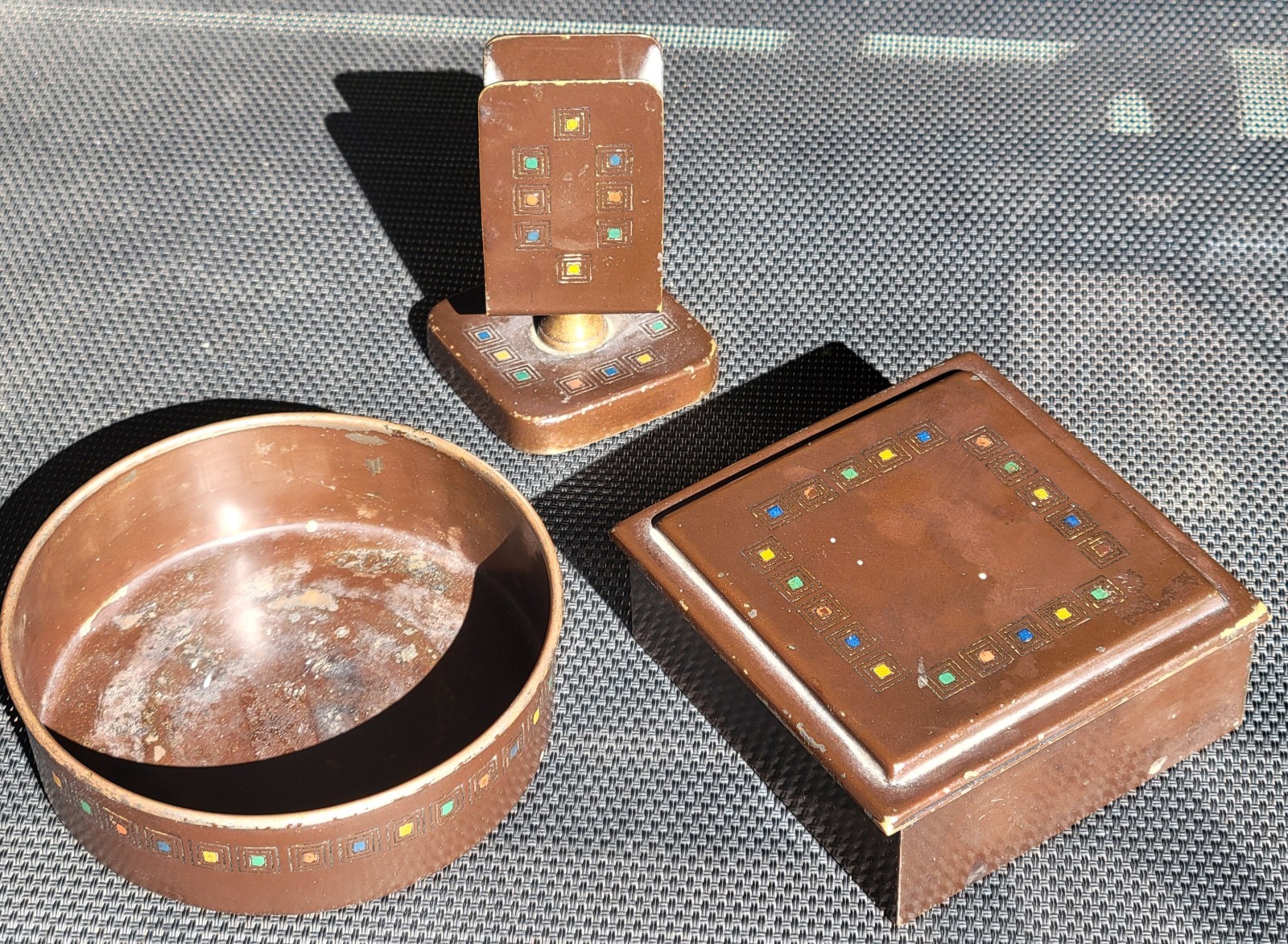 Antique ARTS & CRAFTS 3pc Copper Enamel Motif Desk Smoking Set BRADLEY & HUBBARD