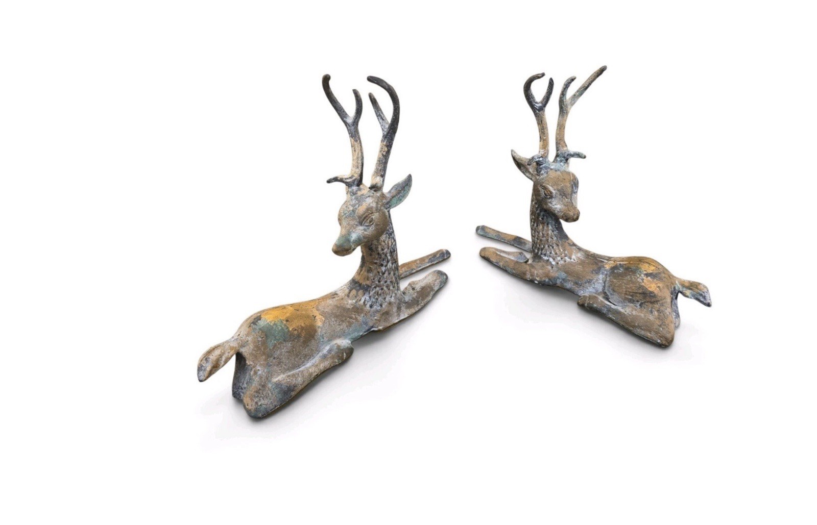 1970s Sarreid Brass Resting Stag Deer Sculpture Set Hollywood Regency MCM