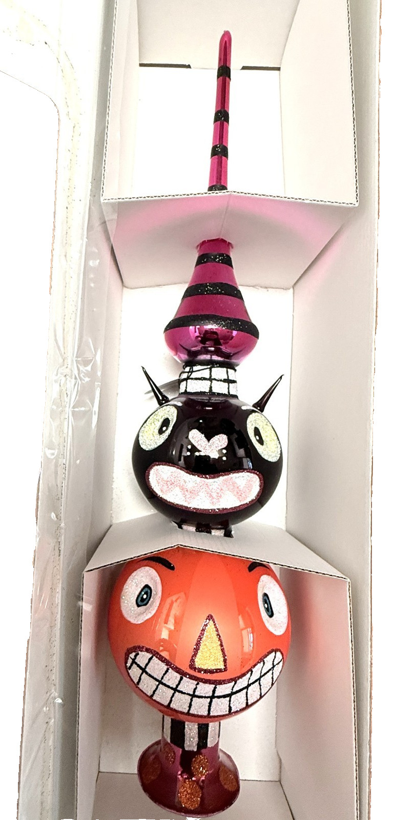Dept 56 Glitterville Glass Finial Tree Topper Halloween Pumpkin Black Cat Scarce