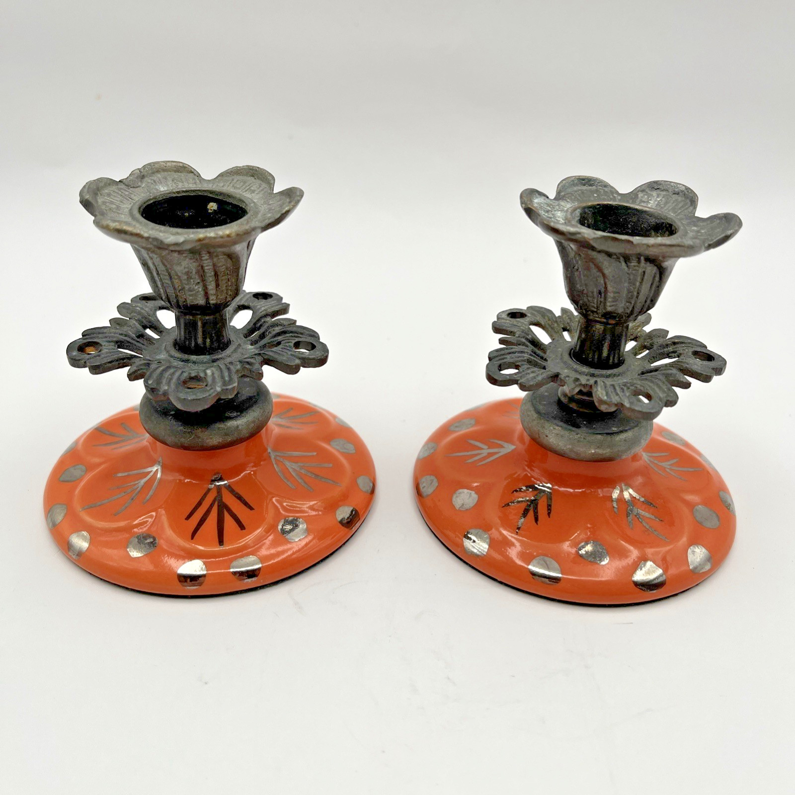 Anthropology Orange Halloween Ceramic and Metal Mid Century Candle Holders