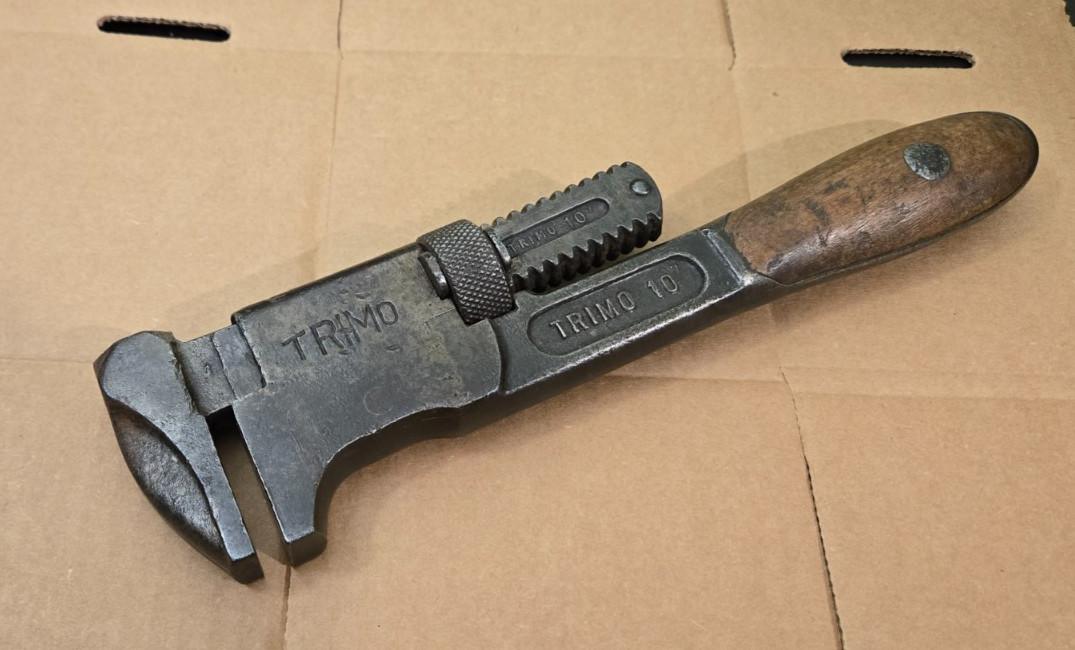 Antique TRIMO 10” WOODEN HANDLE -  Adjustable Monkey Wrench  RARE PAT\'D