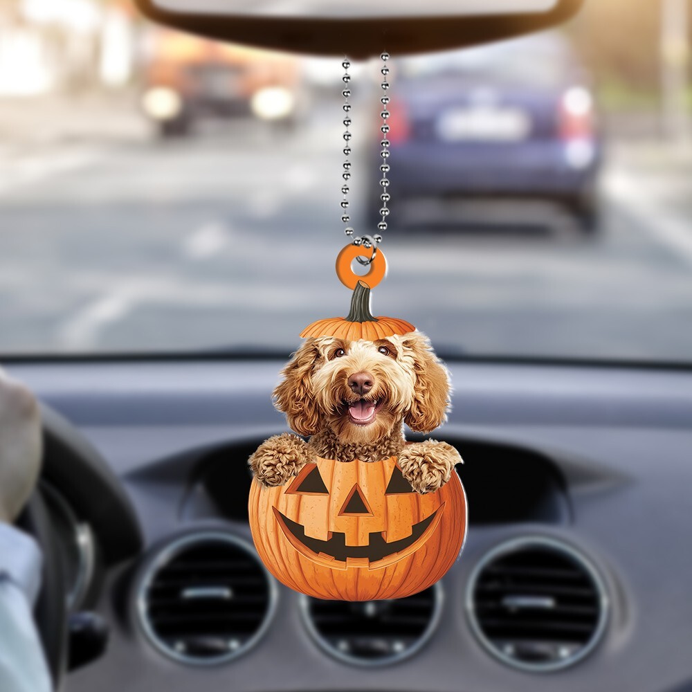 Labradoodle Dog Pumpkin Holiday Ornament, Labradoodle Hanging Halloween Ornament