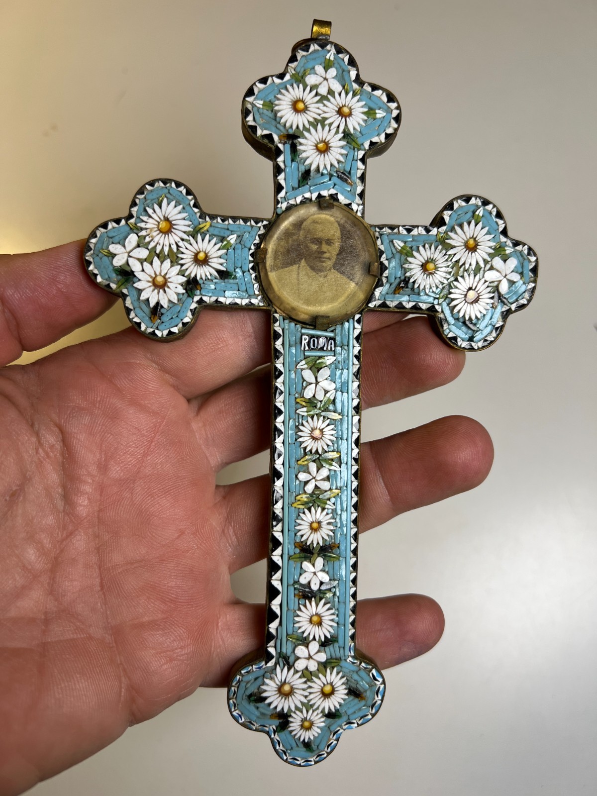 Antique c1910 Roman Micromosaic Micro Mosaic Cross Pope Pius X Roma Italy Brass