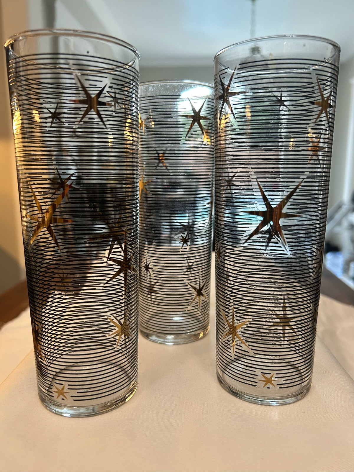 3 Libbey Atomic Starburst Collins Glasses Black Gold MCM Barware 3 Libbey Atomic Starburst Collins Glasses Black Gold MCM Barware
