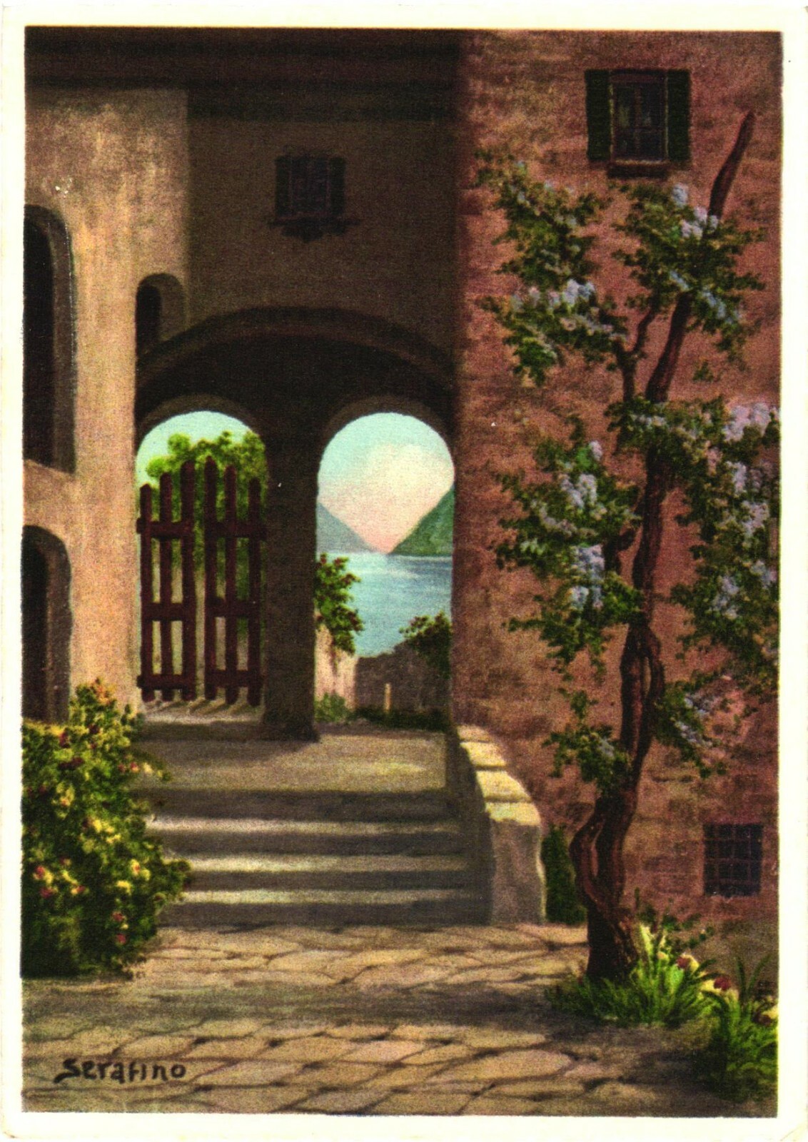 Gandria Switzerland Lake View by Serafino Giambonini Artist Chrome Postcard