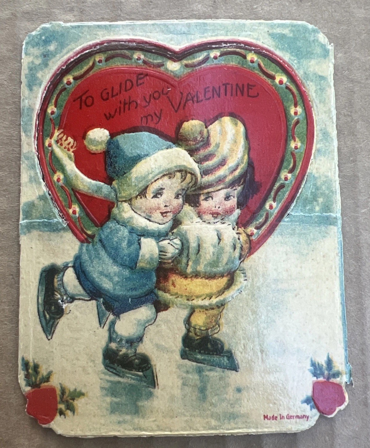 Vintage Embossed Die Cut Valentines Day Card Germany Ice Skating Kids Love