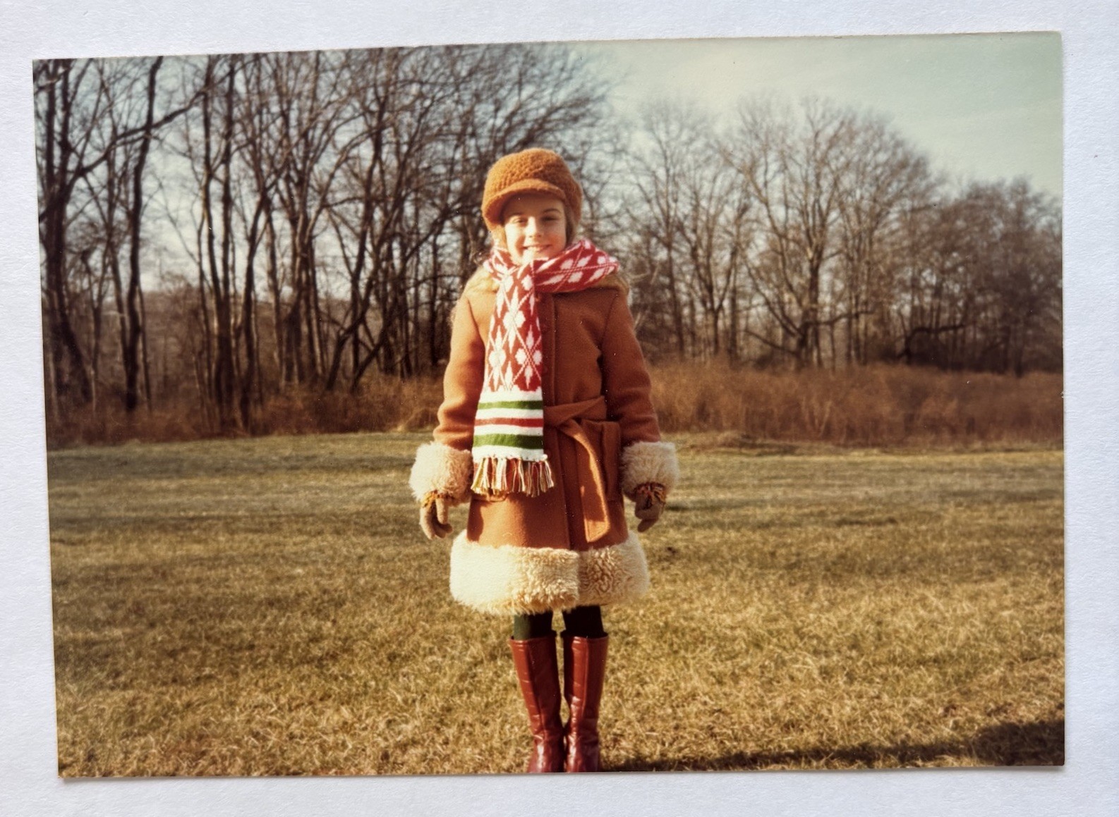 Vintage Photo Winter Fashion Cute Little Girl Coat  Boots in Field Snapshot