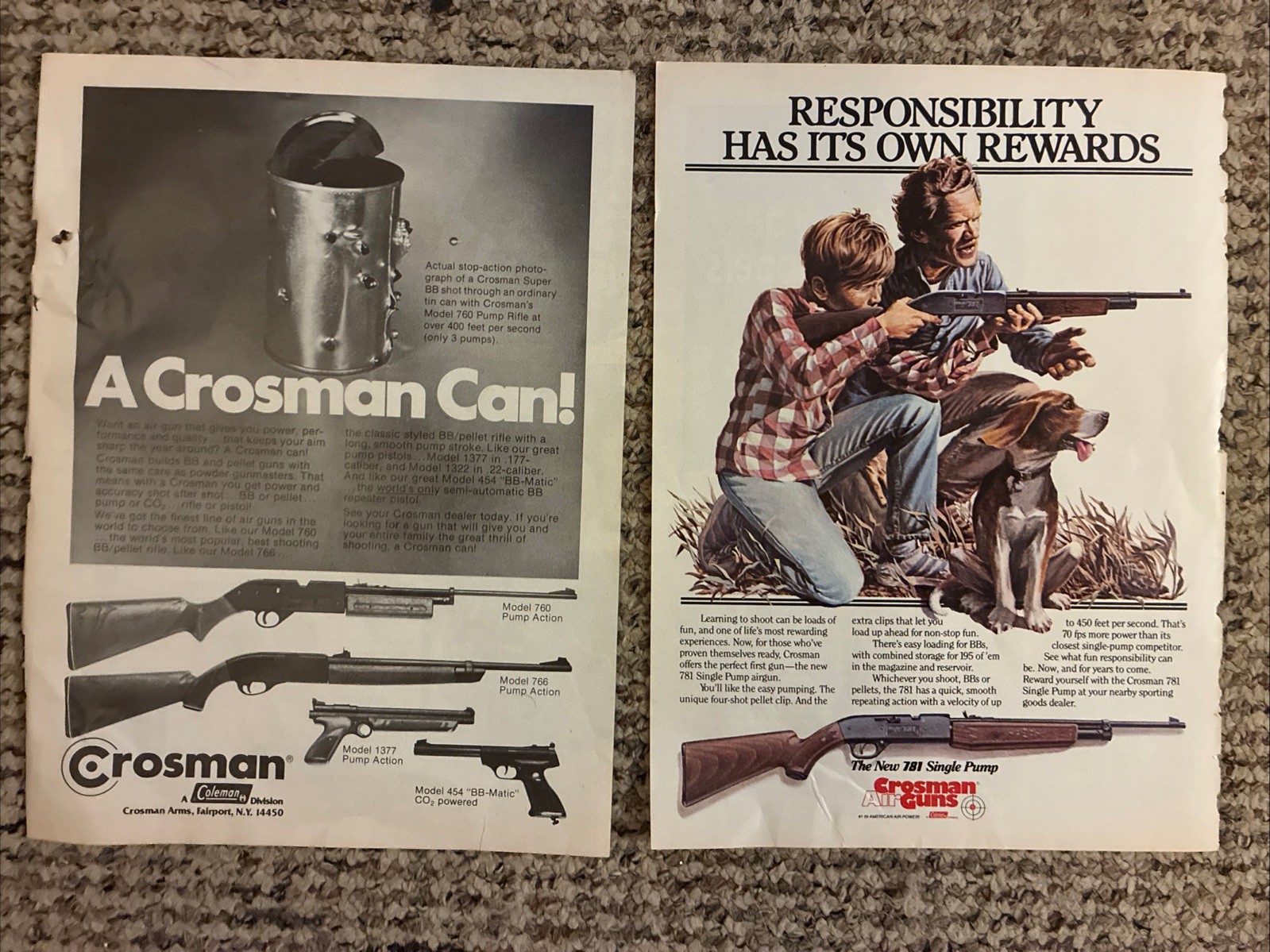 Crosman 760 &781 Rifle Pump Air Gun Coleman First - Magazine Print Ad Lot