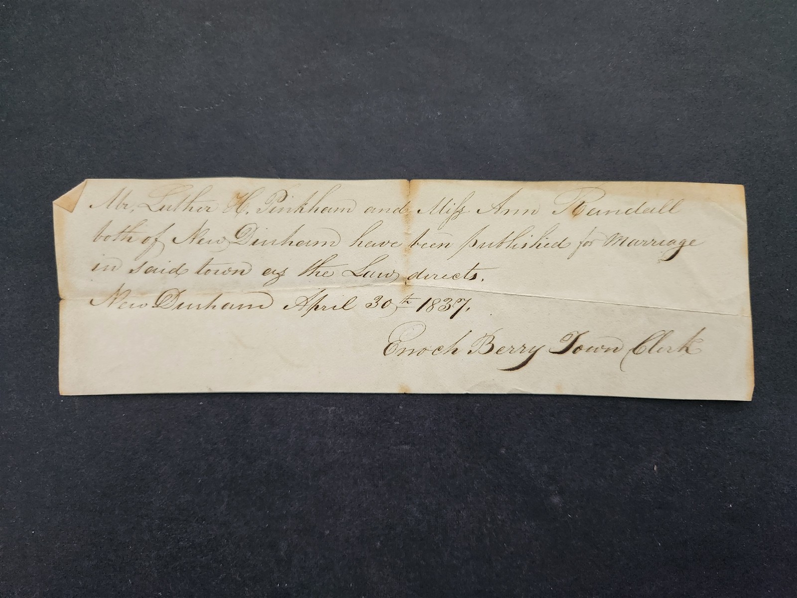 1837 antique MARRIAGE INTENTION new durham nh PINKHAM RANDELL doc handwritten