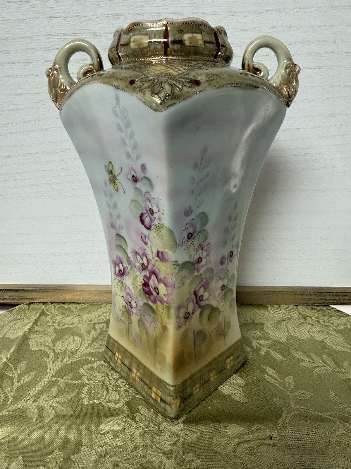 Antique Nippon Square Moriage Vase Hand Painted Butterfly Pansy 9.5