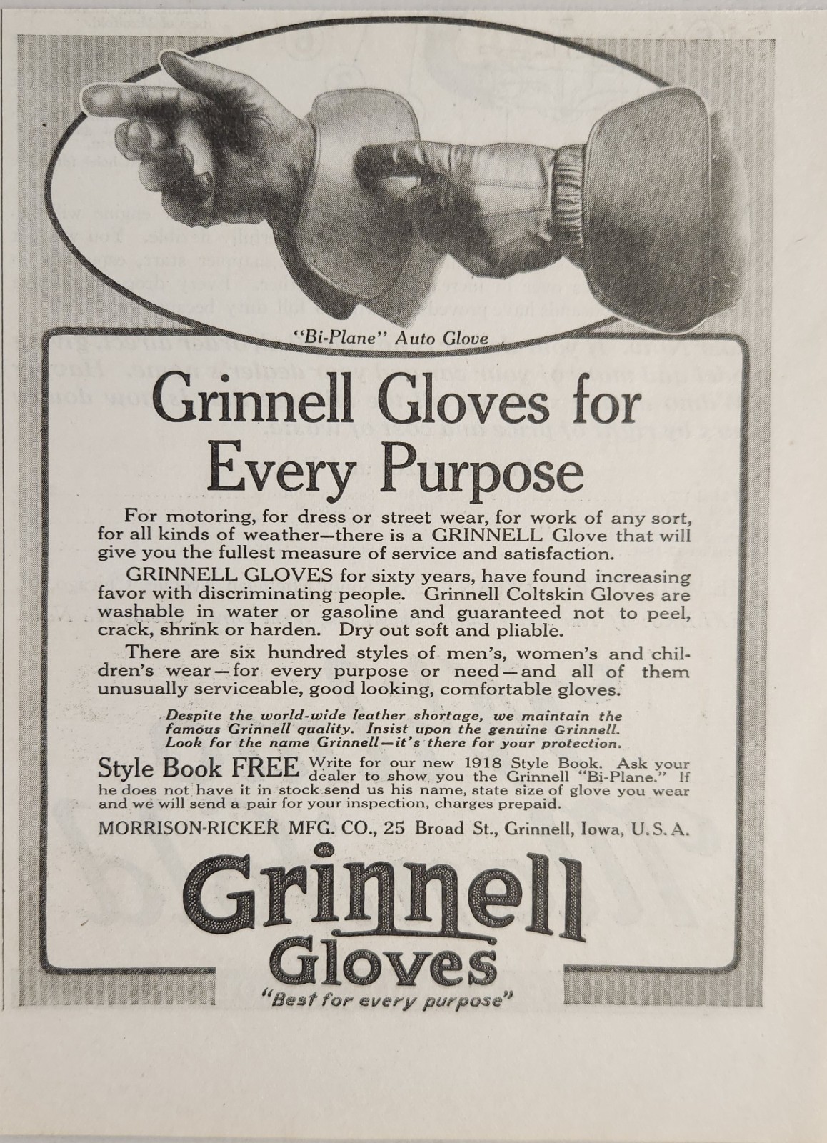 1918 Print Ad Grinnell Gloves for Every Purpose Morrison-Ricker Grinnell,Iowa