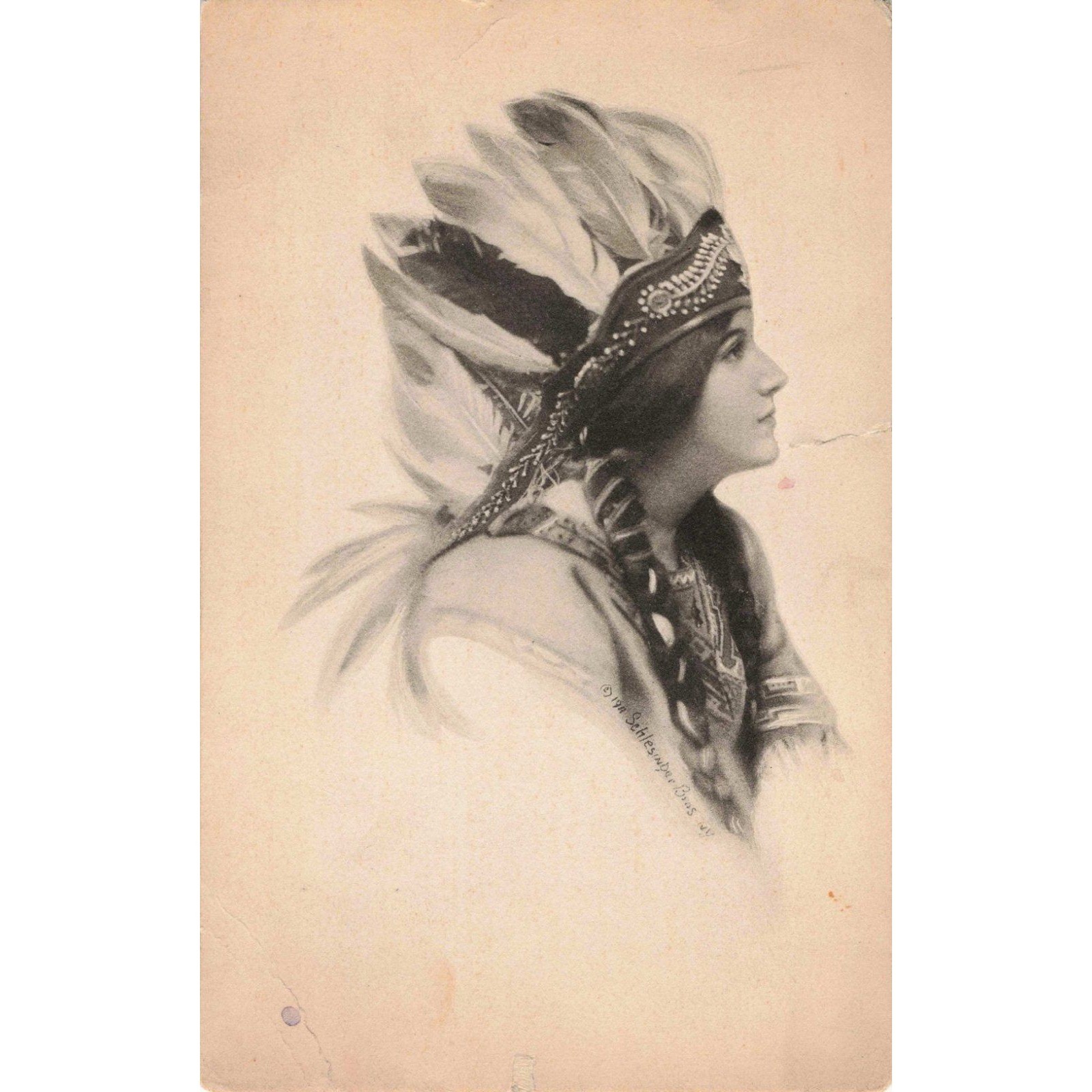1911 Schlesinger Bros Postcard Woman in Headdress Wallace Michigan Postmark
