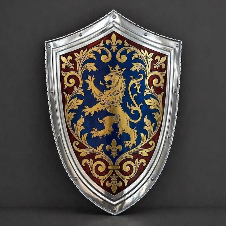 Medieval Handcrafted Heraldic Lion Shield Etched Steel Knight Armor Wall Decor