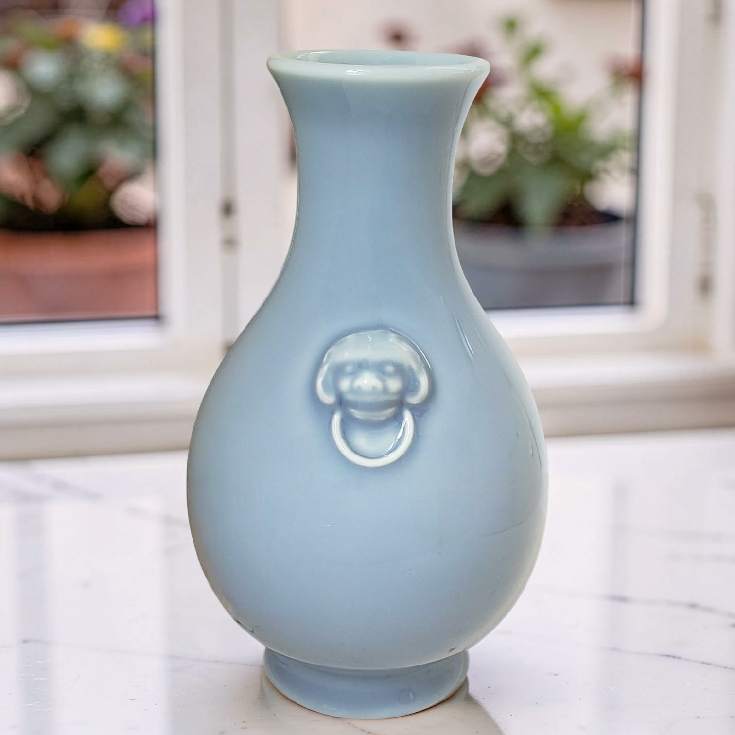 Chinese Light Blue Pear Form Porcelain Vase Lion Ring Handles Yongzheng Mark