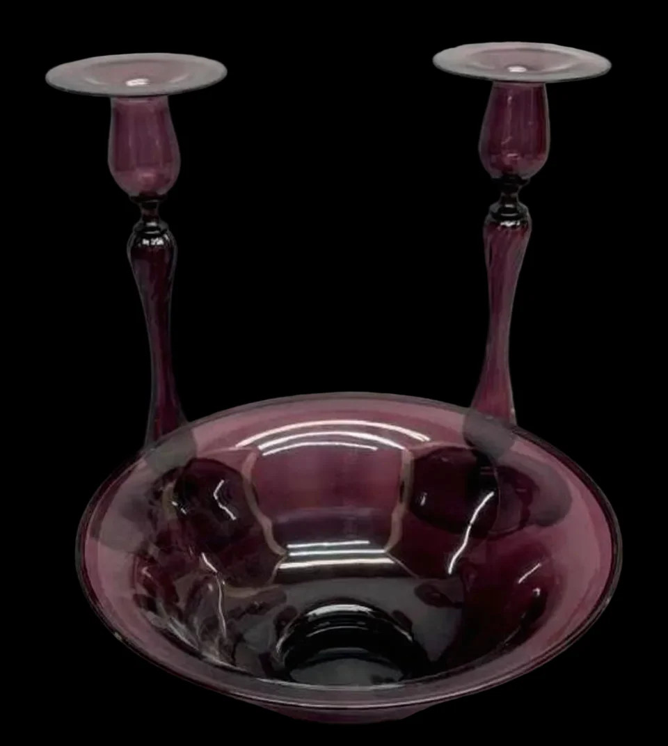 Steuben Amethyst Glass Console Set Bowl and Pair of Candlesticks, circa 1920s