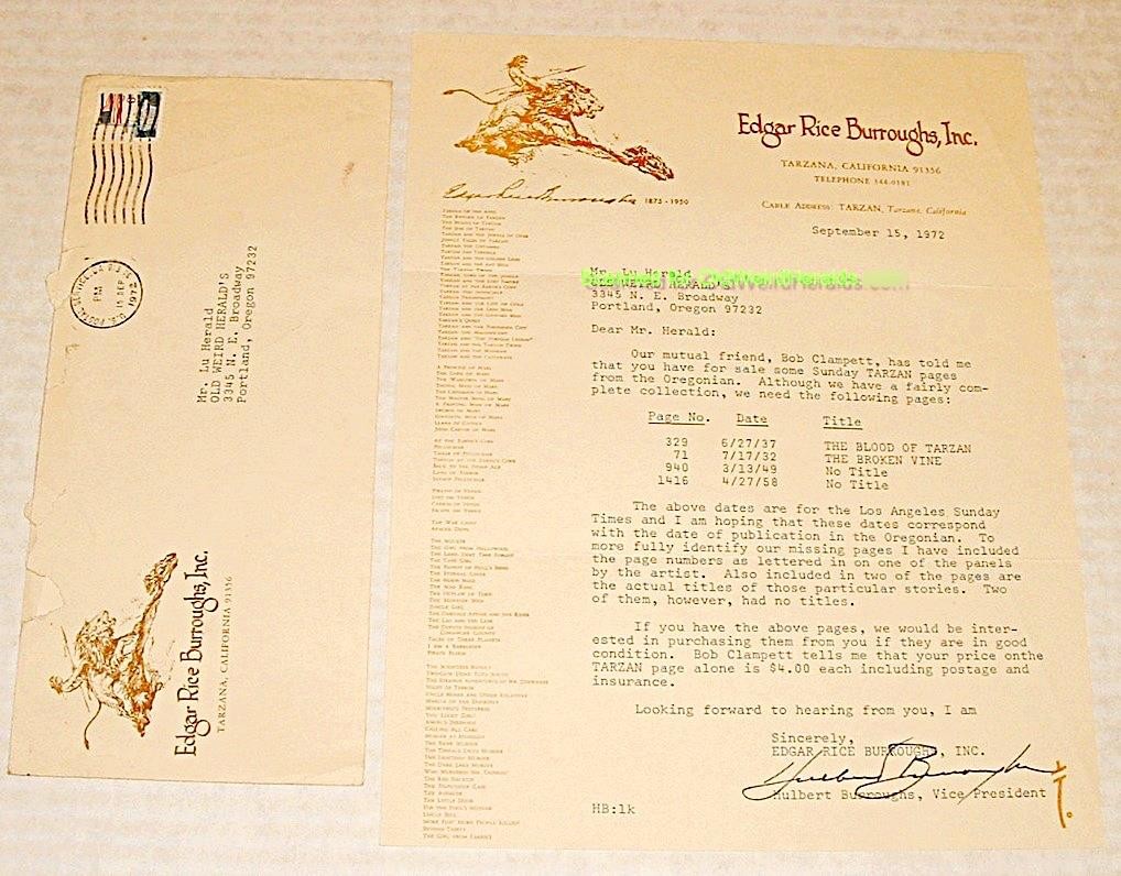 TARZAN - HULBERT BURROUGHS SIGNED LETTER \'72 SUN PAGE COMIC Edgar Rice Burroughs