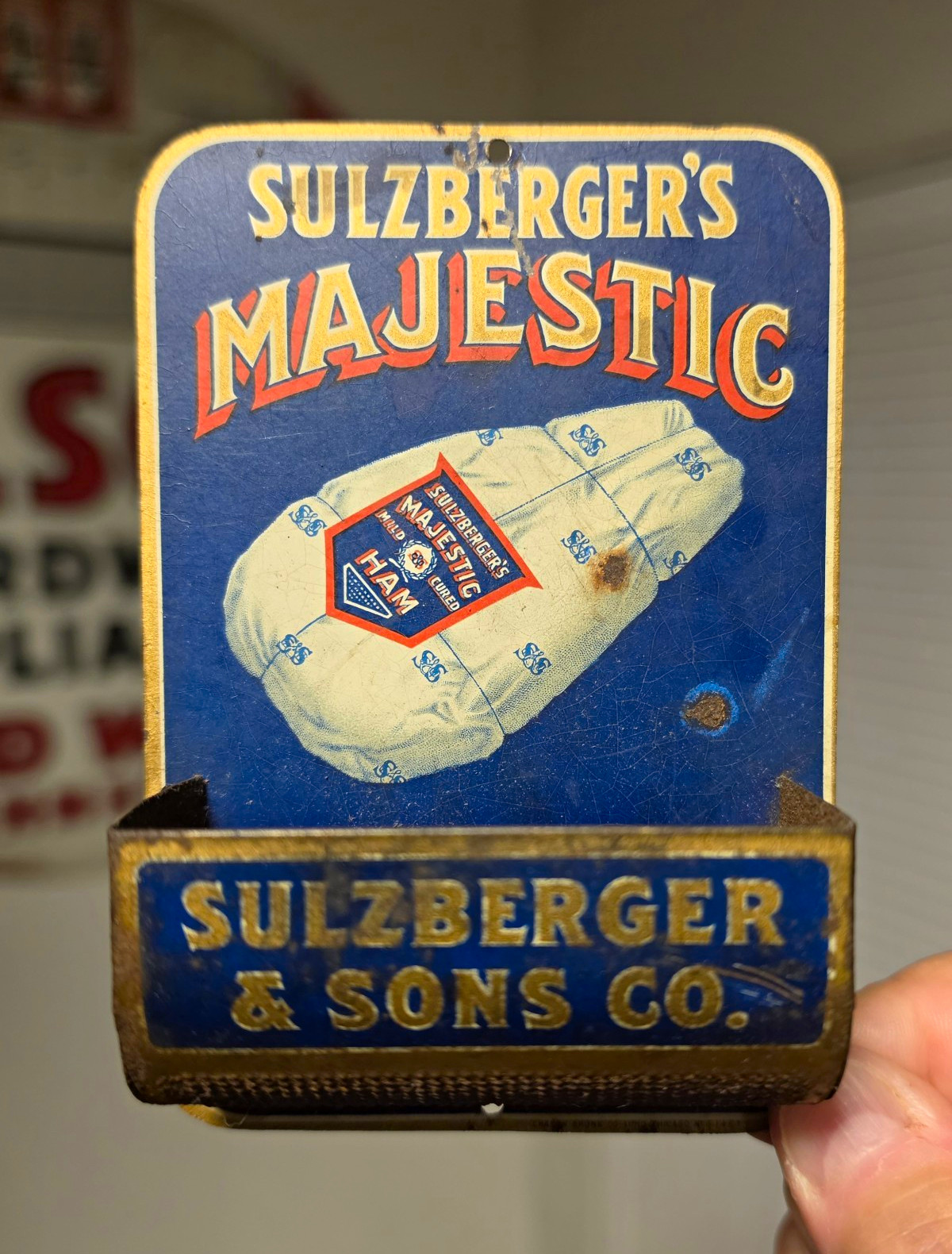 Antique Sulzberger’s Majestic Tin Litho Advertising Match Holder w/ Striker