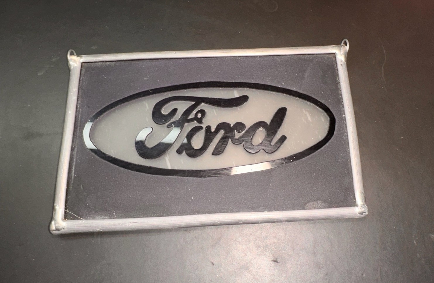 Vintage Ford Automobile Logo Custom-Made Metal Framed Dark Blue Stained Glass