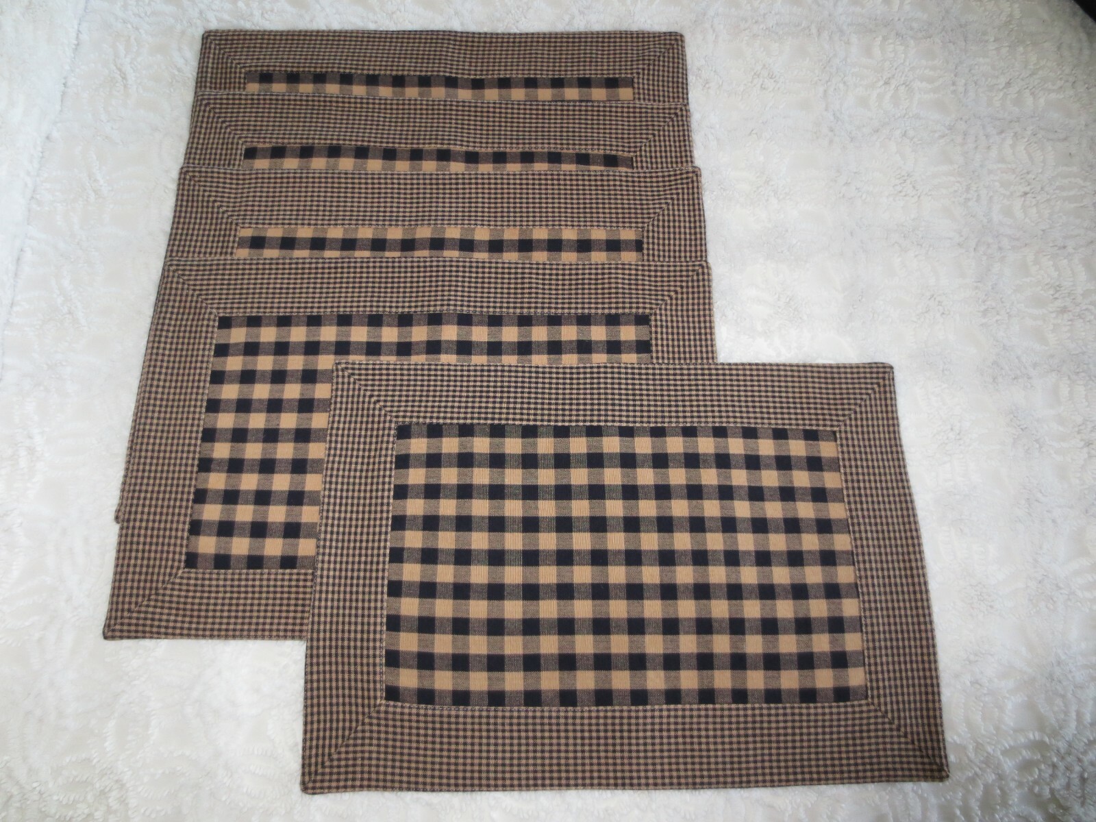 5 Reversible NAVY & TAN CHECK Cotton HOMESPUN PLACEMATS - 18.75\