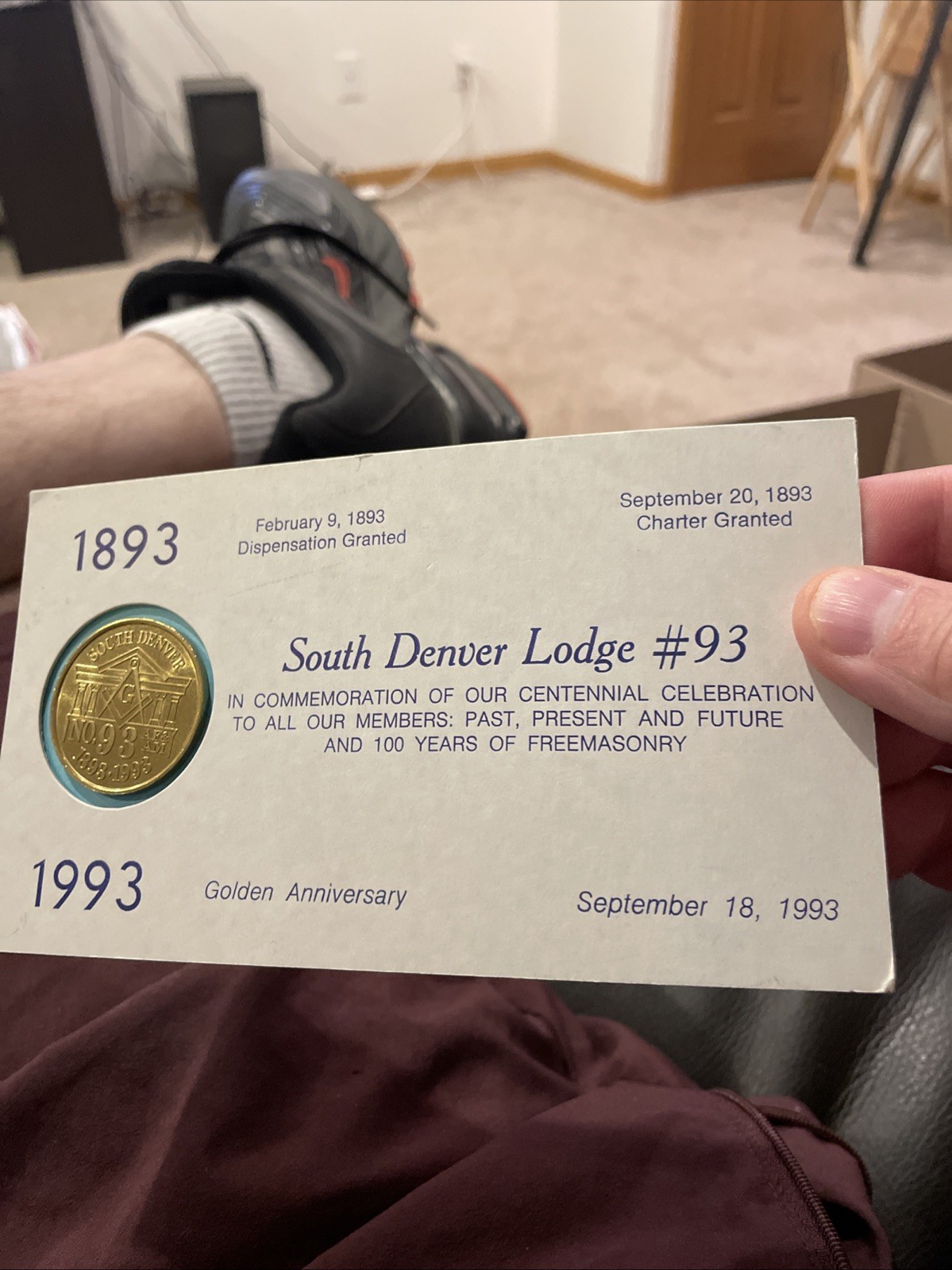 1893 South Denver Lodge #93 anniversary coin
