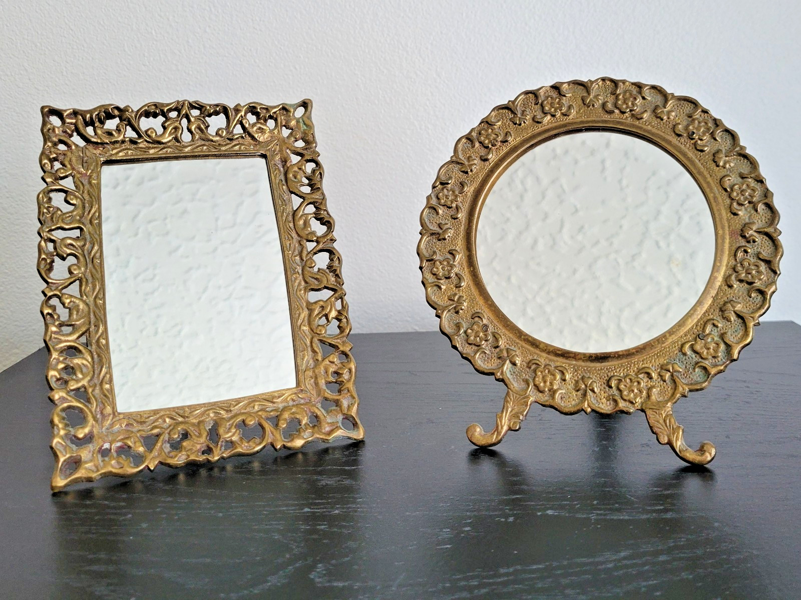 Vintage Ornate Solid Brass Tabletop Mirrors Frames Set of 2 Rococo Art Nouveau