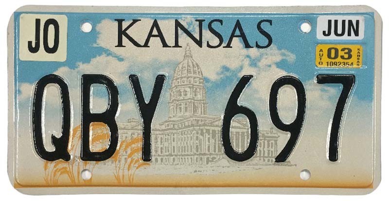 Kansas 2003 Capitol Building License Plate QBY 697 Johnson County