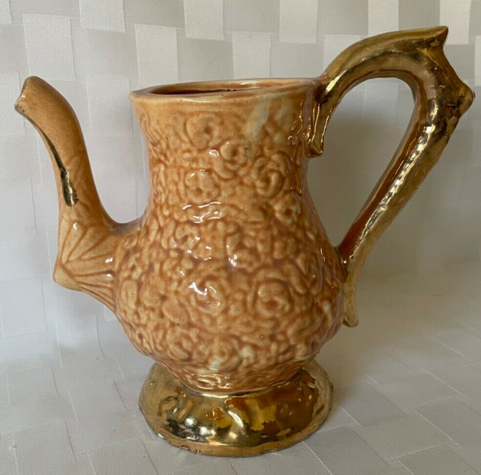 Vtg Peach Lustre Repousse Rose Ceramic Teapot Coffee Pot No Lid Inarco Style 50s