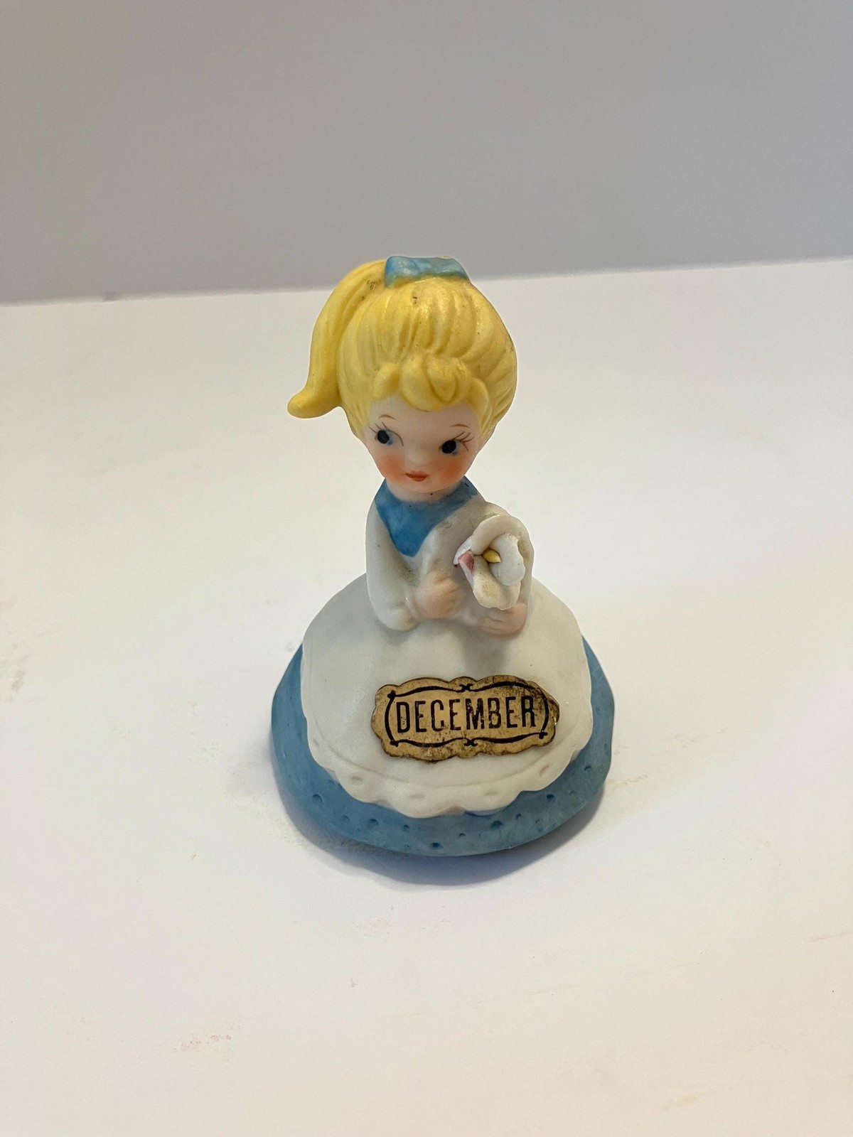 Vintage December Birthday Girl Figurine Blonde Ponytail Blue Dress Ceramic Birth