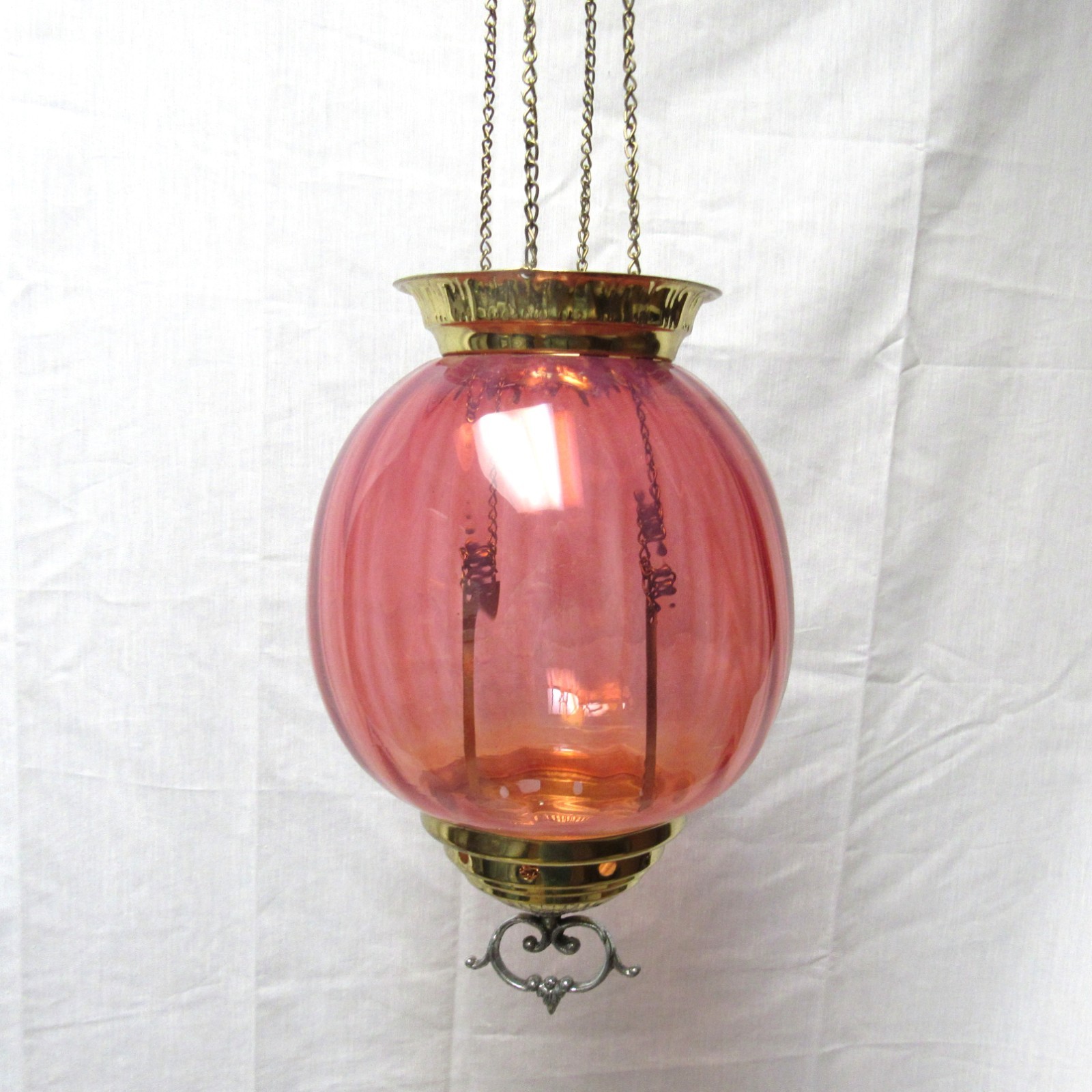 Antique 19th C Cranberry Glass Pull Down Oil Lamp Hanging Chandelier