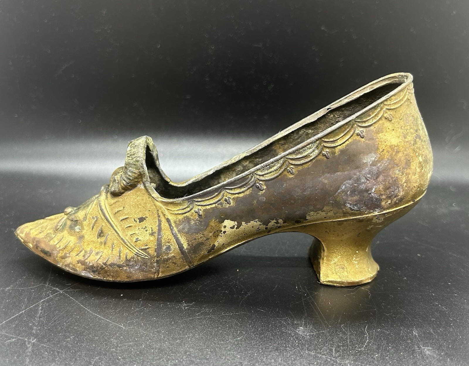 Vintage Gold Tone Cast Metal Pincushion Victorian Shoe.  7” x 3.5”