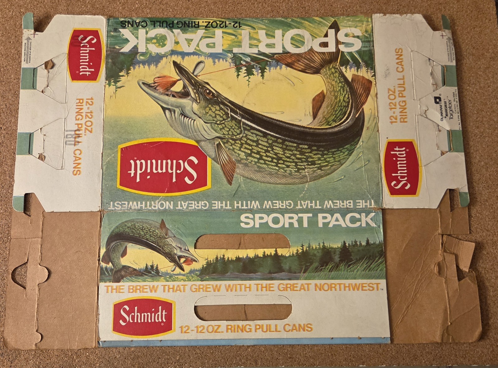 1975 Schmidt Beer Sport Pack Northern Pike 12 Pack Cardboard Case Sign Flat