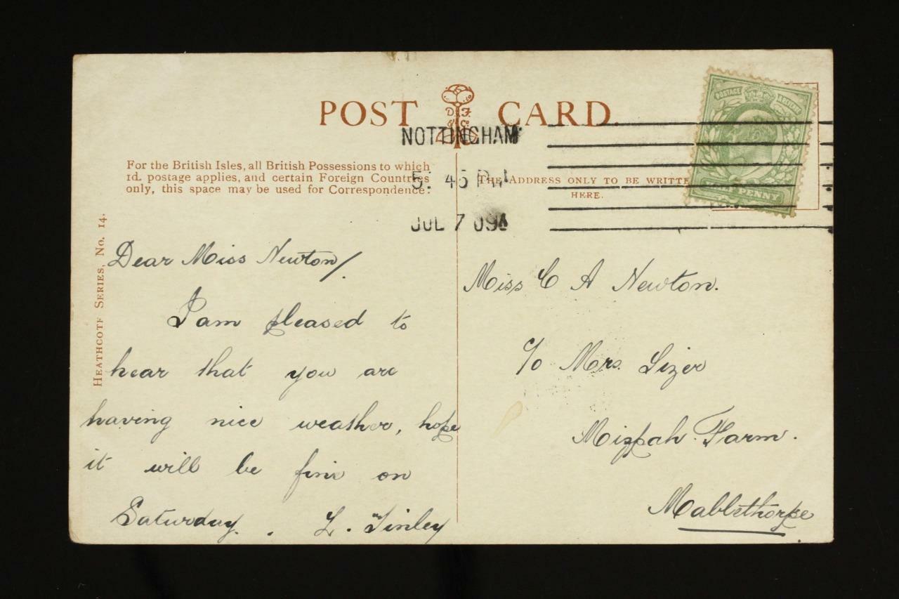 Postal History UK Postcard Nottingham 1909 Cancel Mablethorpe Mizpah Farm