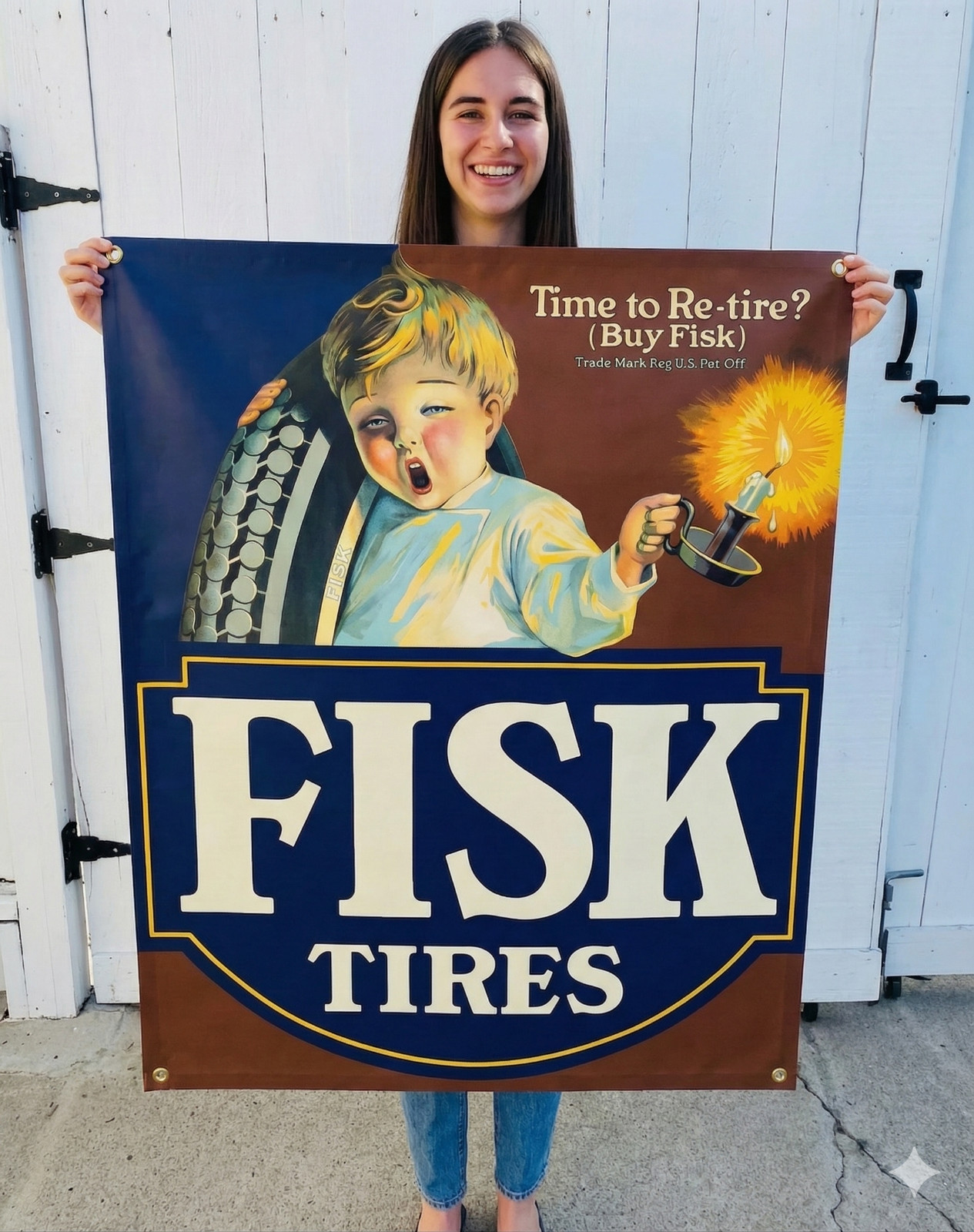 Vintage Fisk Tires Gas Oil Banner Sign 