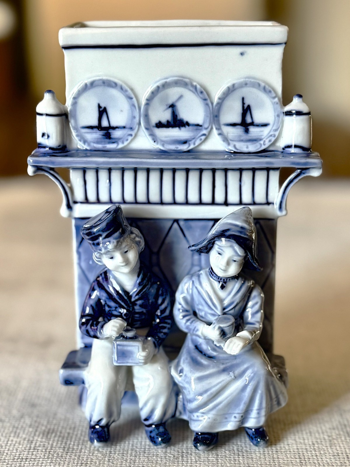 Antique Rauenstein Delft Blue Porcelain Mantel Spill Vase Match Holder, Pristine