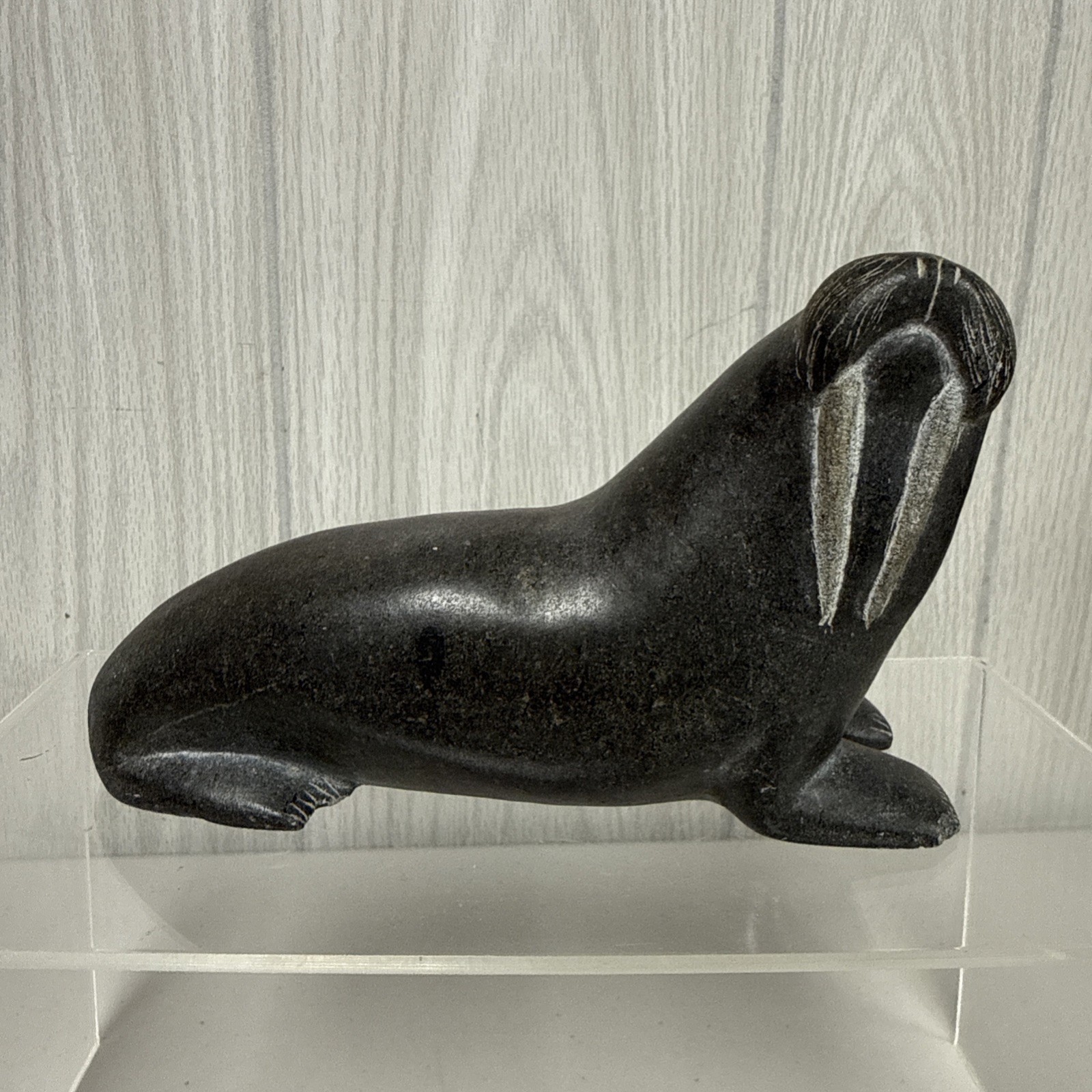 VTG Eskimo Stone Carving of Walrus Seal Sea Lion Signed 7\