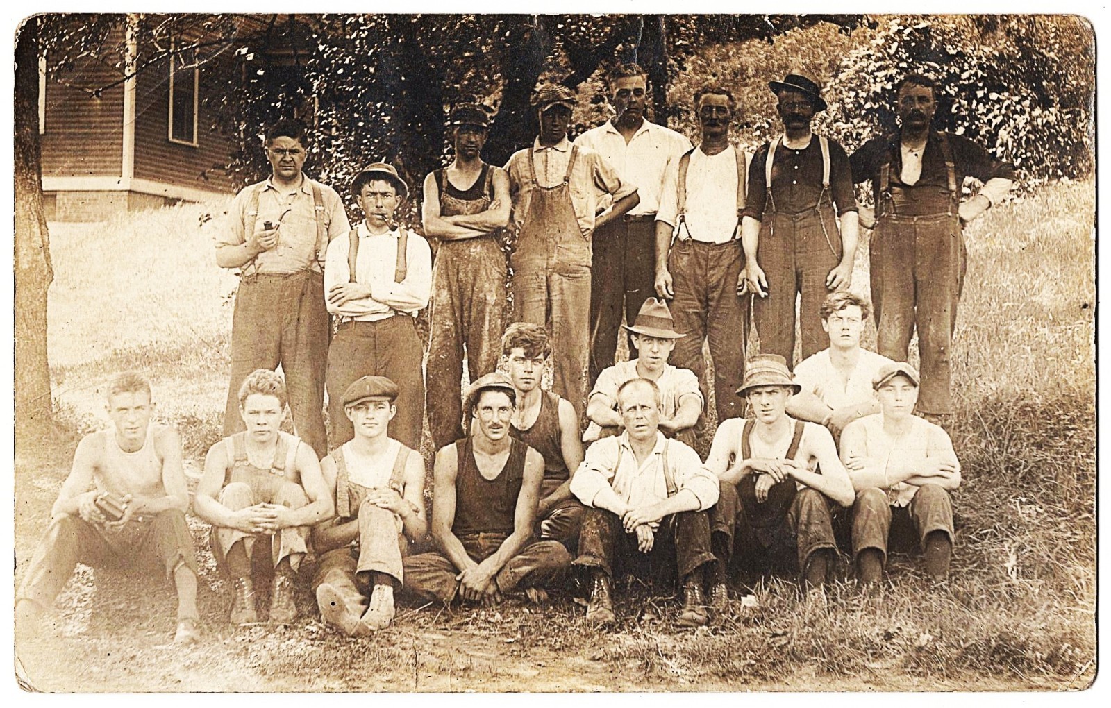 real photo Marshfield VT - Workmen Crew Men Overalls Pipe antique postcard RPPC