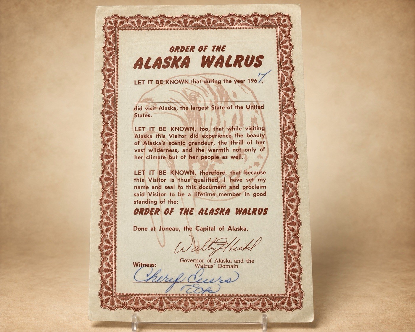 1967 Alaska Walrus Certificate Signed Gov Walter J Hickel Alaska Ephemera