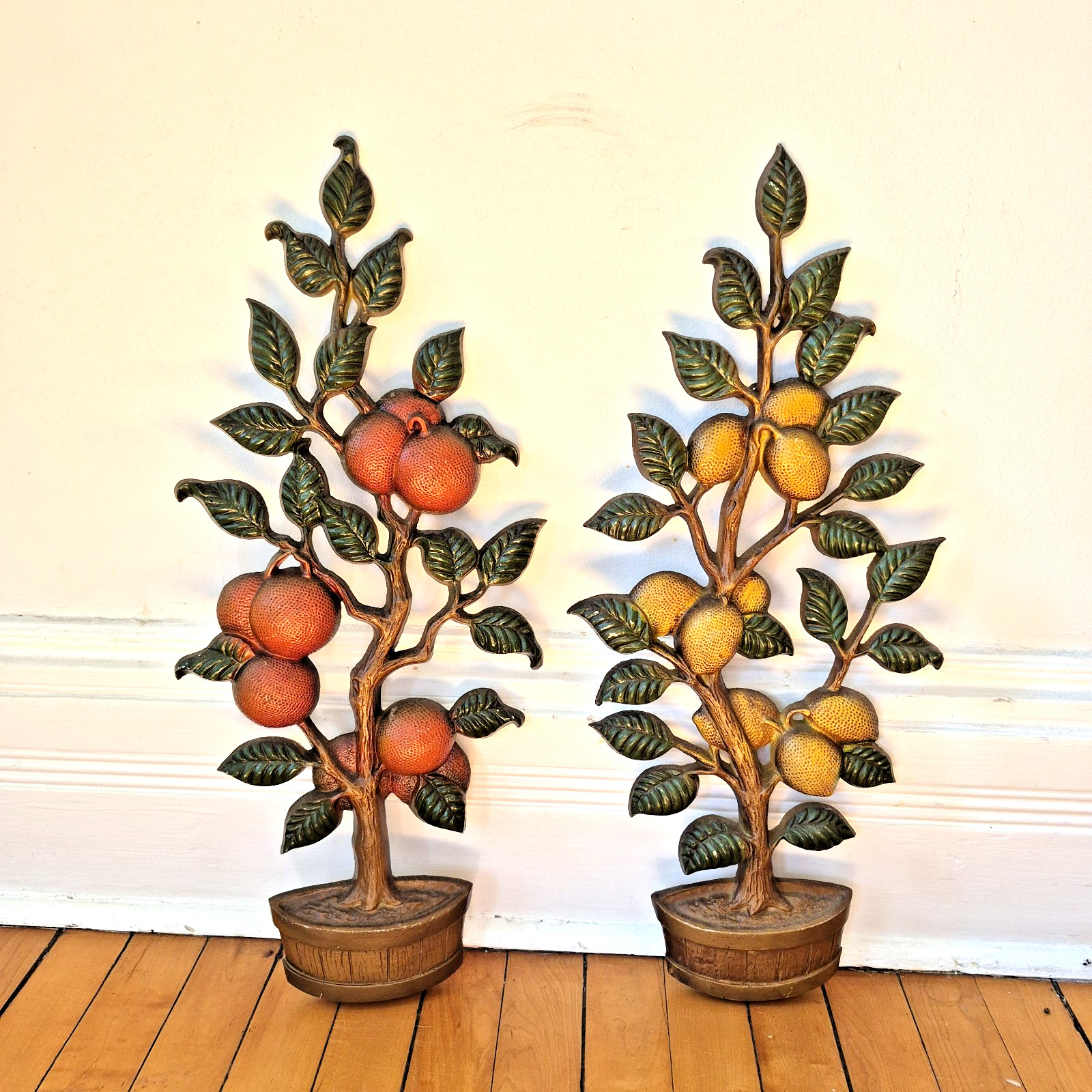 Vintage Pair of Sexton Metal Lemon & Orange Trees MCM Decor Wall Hanging Art