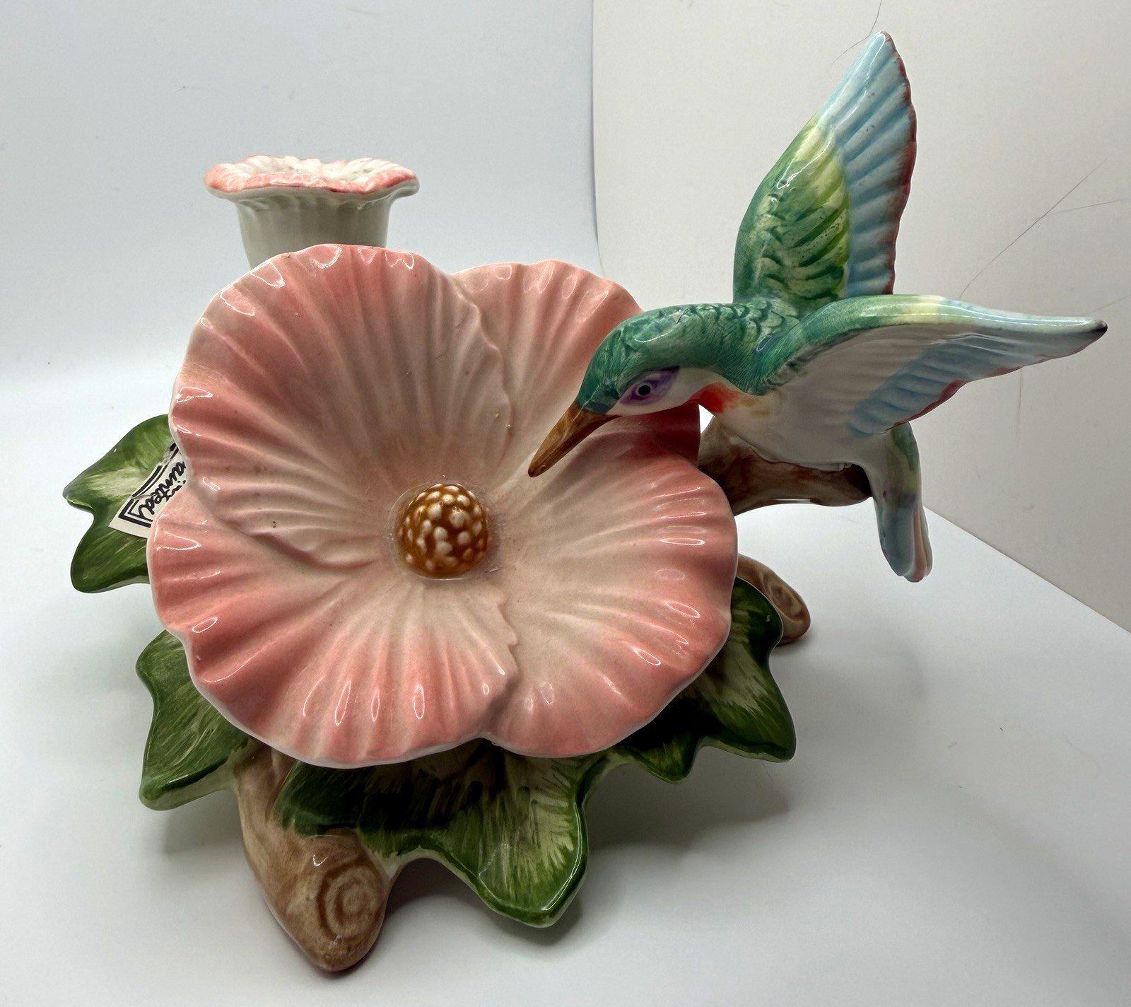 Fitz and Floyd Hummingbird Floral Ceramic Candle Holder Hand Painted 1987 5in