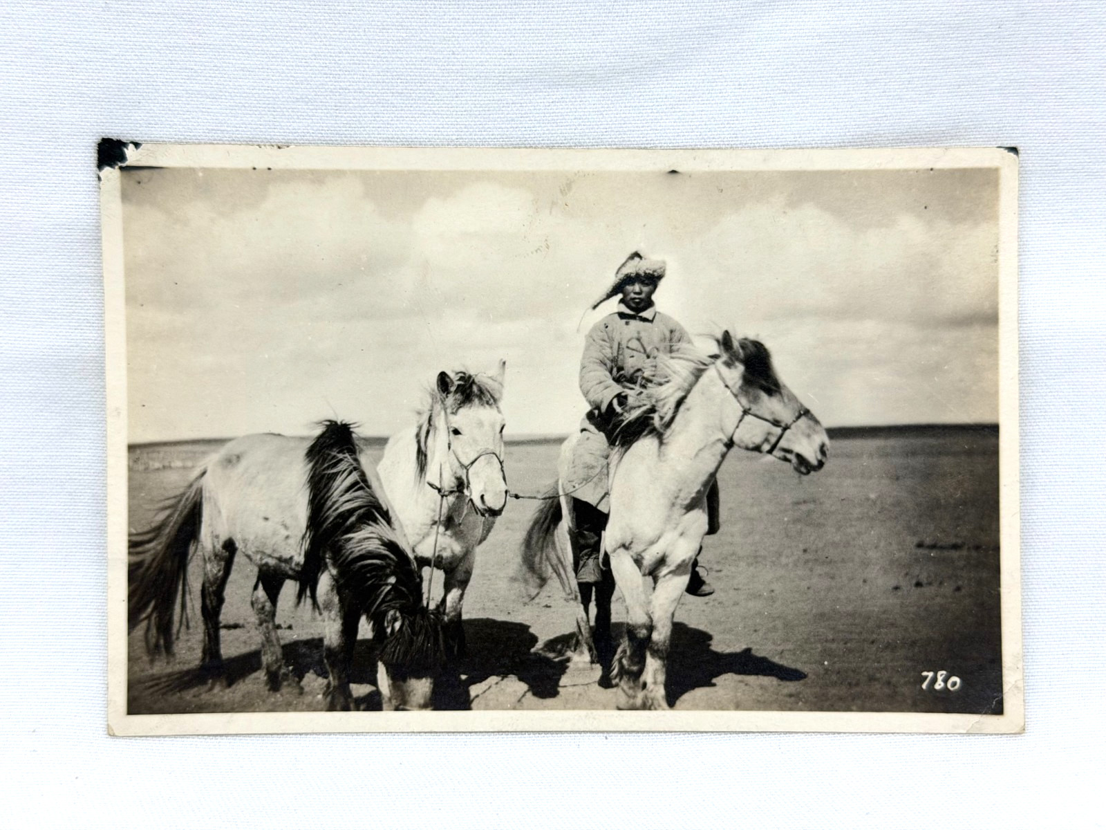 Mongolian Man with Horses on Plains RPPC Antique Real Photo Postcard