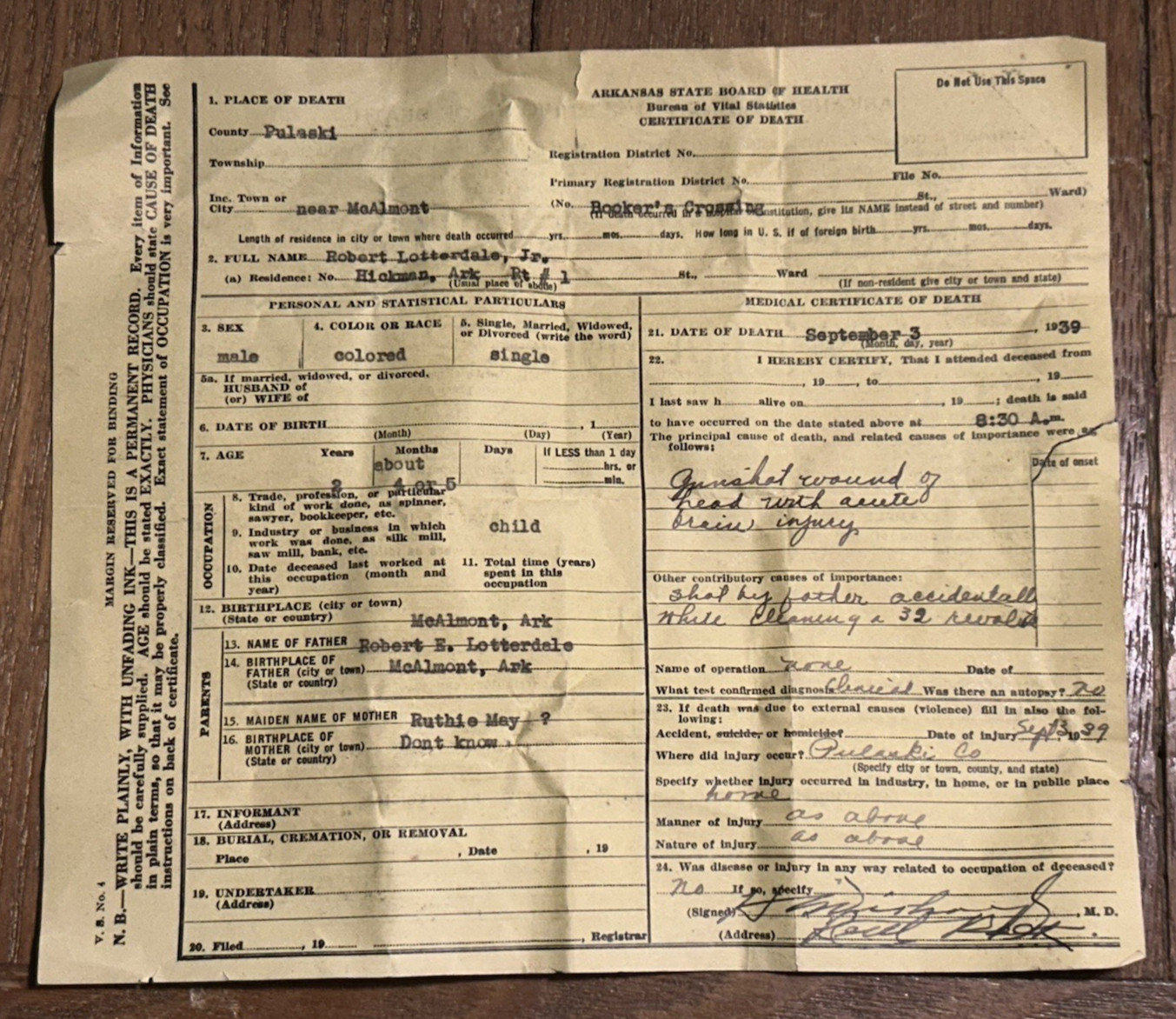 historical Arkansas Death Certificate 1939 N. Little Rock Afro-American