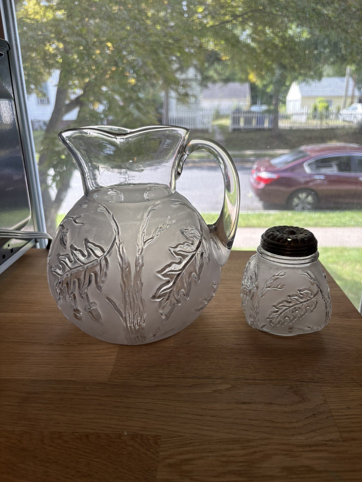 Antique Northwood Royal Oak Frosted Satin Glass Pitcher & Sugar Shaker Set EAPG